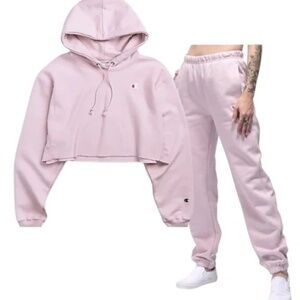 Champion Pink Reverse Weave Cropped Hoodie and Sweatpants